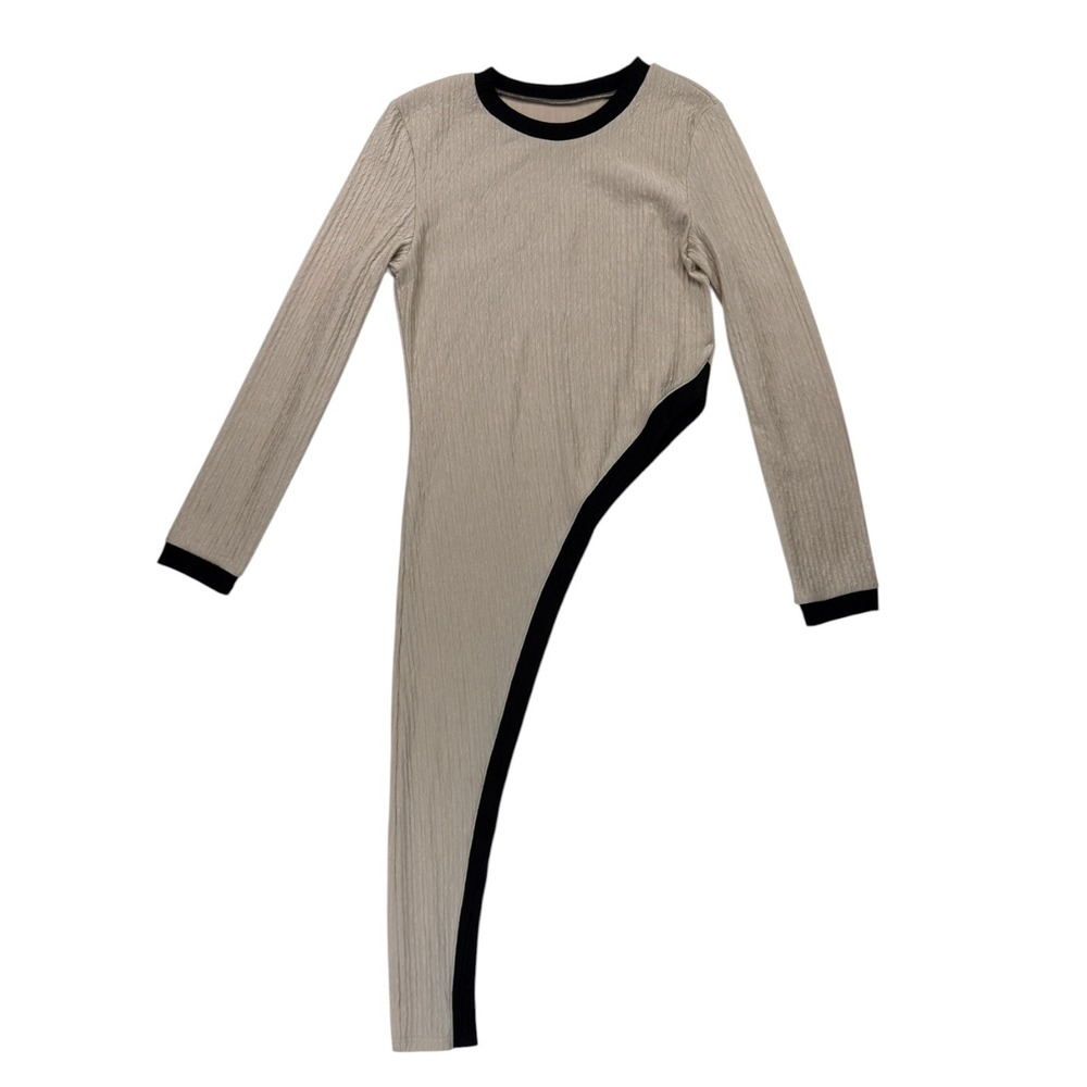 Asymmetrical Textured 2-Piece Set Women S Beige Black Flare - Picture 2 of 10
